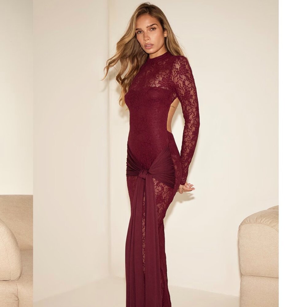 PLT Plum Long Sleeve Lace Wrap Detail Maxi Dress sz 2